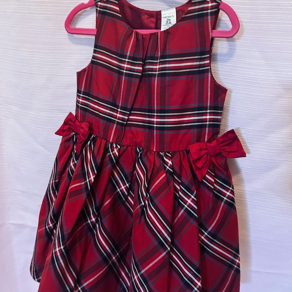 Carters Toddler Girl 2T Dress Holiday Red Green Plaid With Bows 3 Button Back - Picture 7 of 8